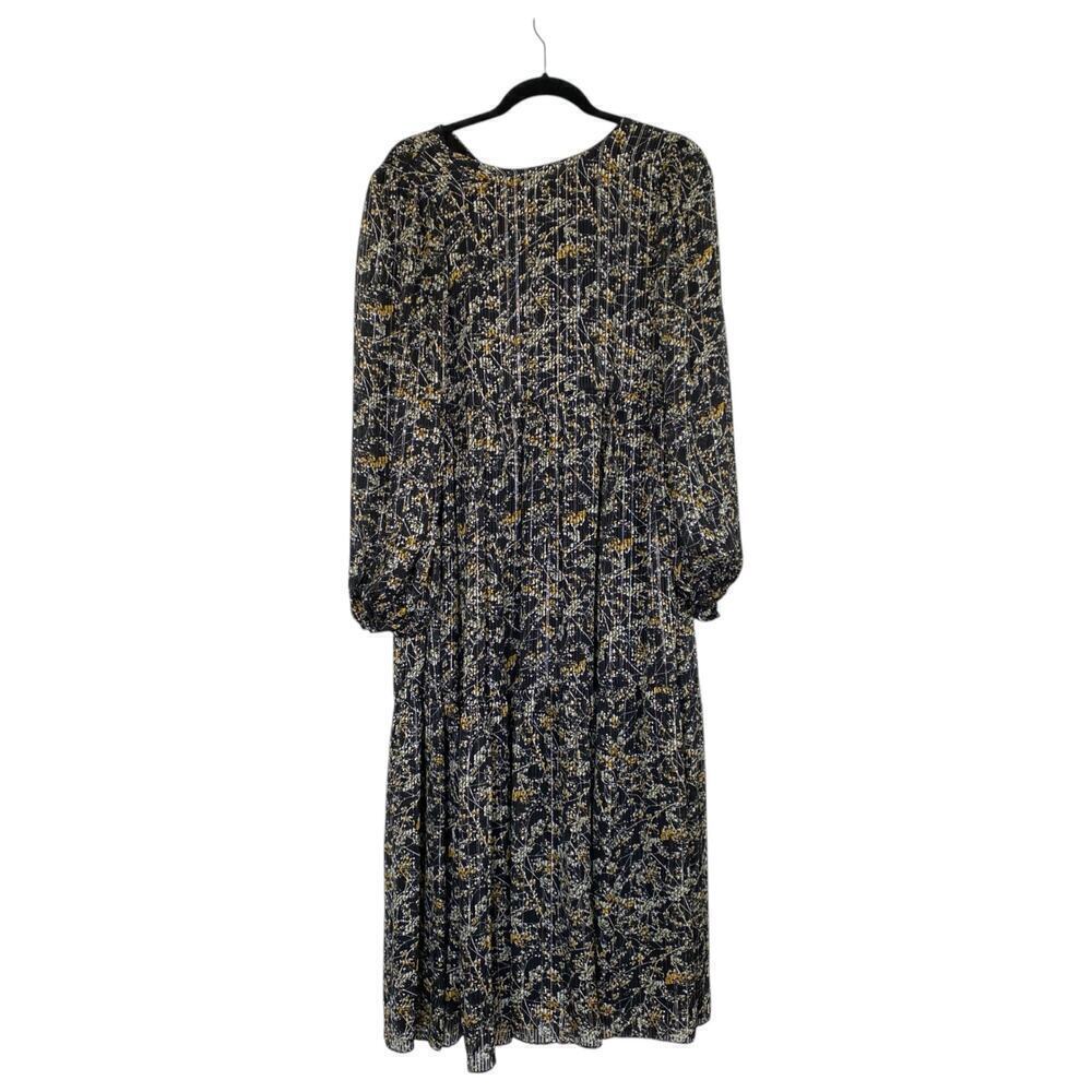 ZARA Metallic Thread Printed Midi Dress Black Gold Balloon Sleeves‎ Size Medium